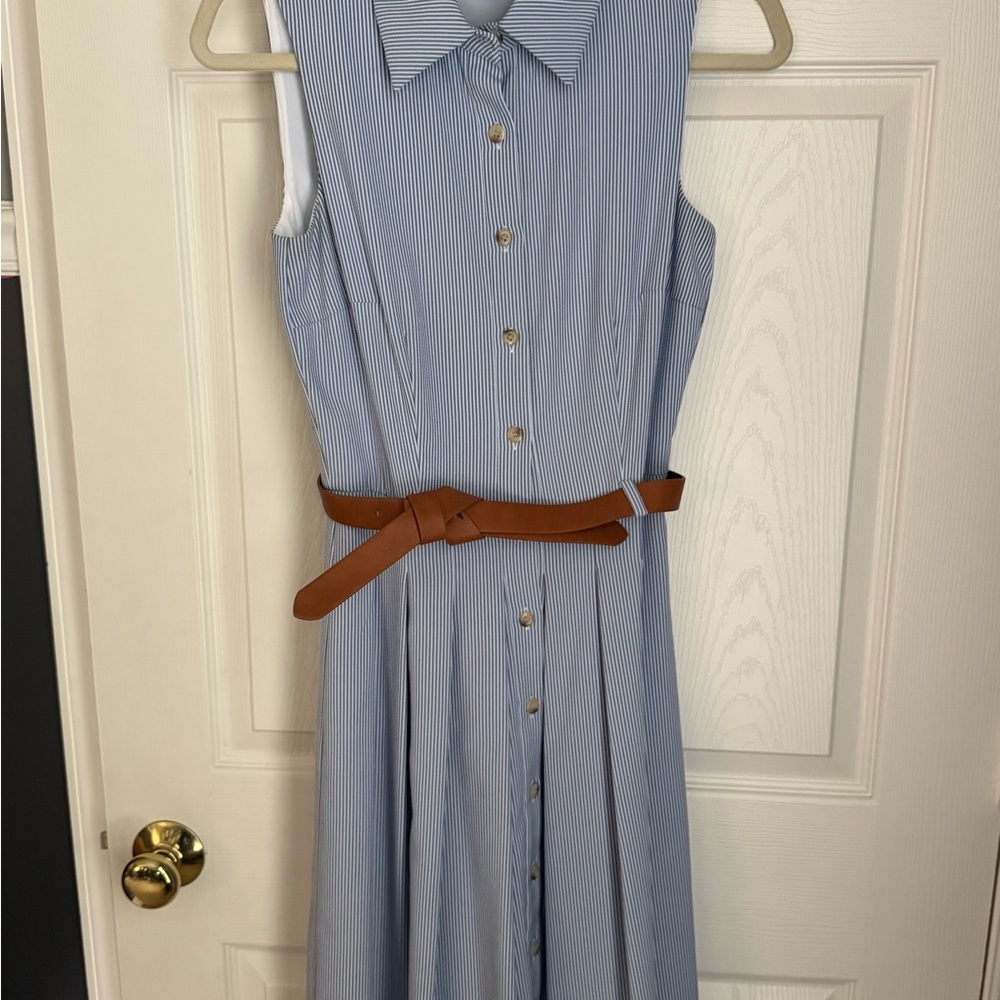 Tahari Blue seersucker Pleated Midi Dress with Notched Collar
